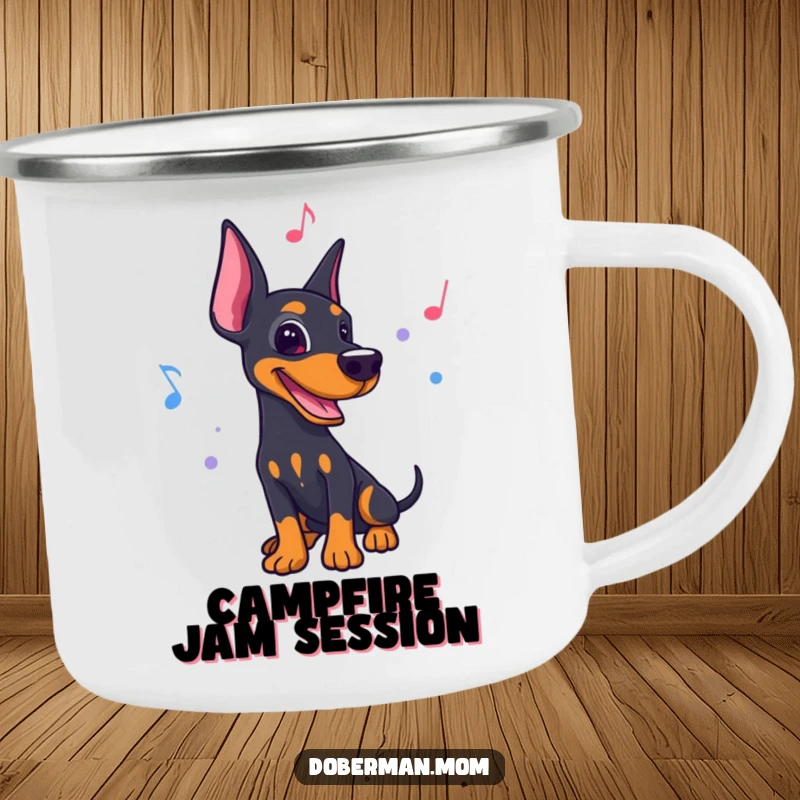 Funny camping mug featuring a Doberman dancing to a lively rhythm with musical notes, for outdoor music enjoyment.