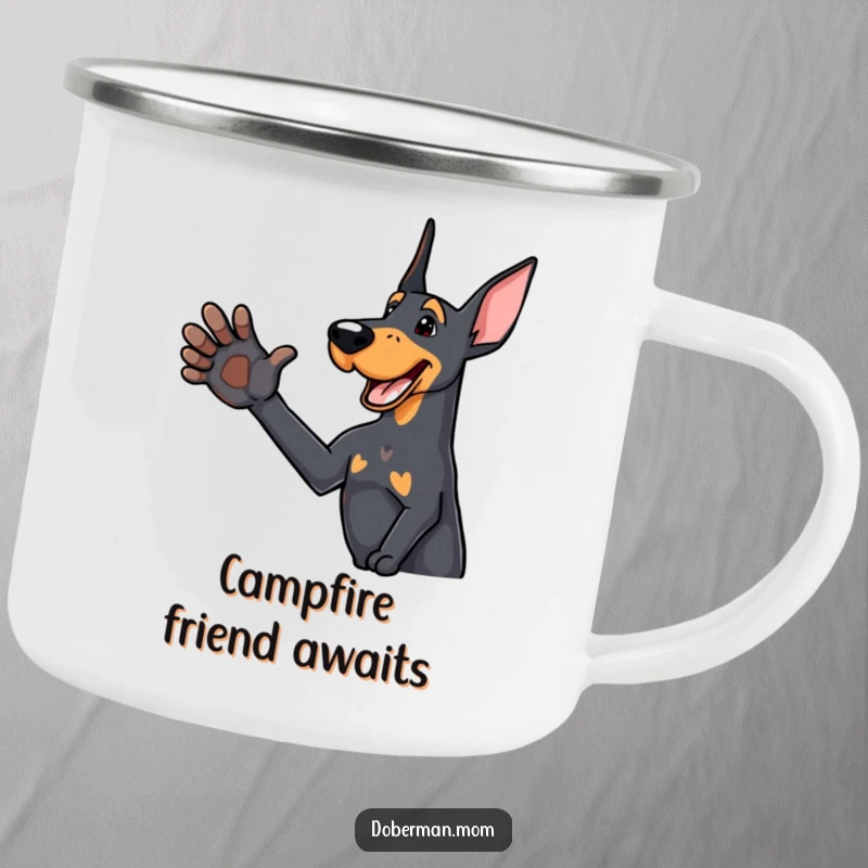 Funny Doberman camping mug with a delighted dog offering a friendly paw, perfect for warm greetings during outdoor activities.
