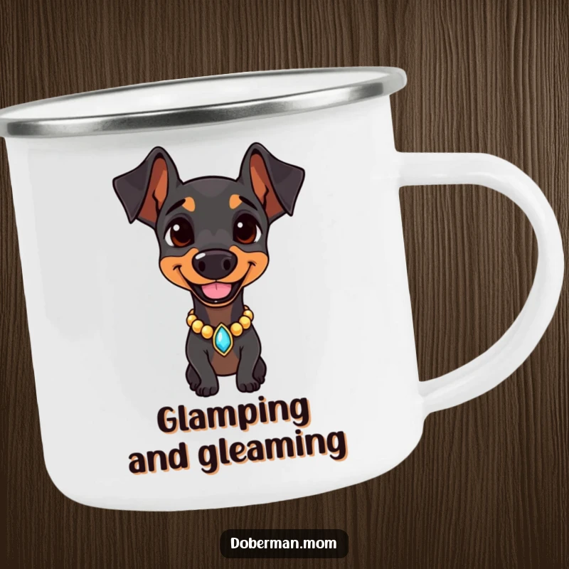 Doberman wearing a jeweled collar, smiling confidently on a camping mug, offering stylishness to outdoor beverage enjoyment.
