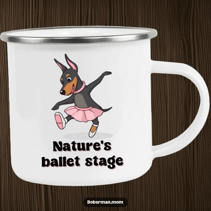 Funny Doberman dog wearing ballet slippers, attempting a pose on a camping mug, for adventurous dance lovers.