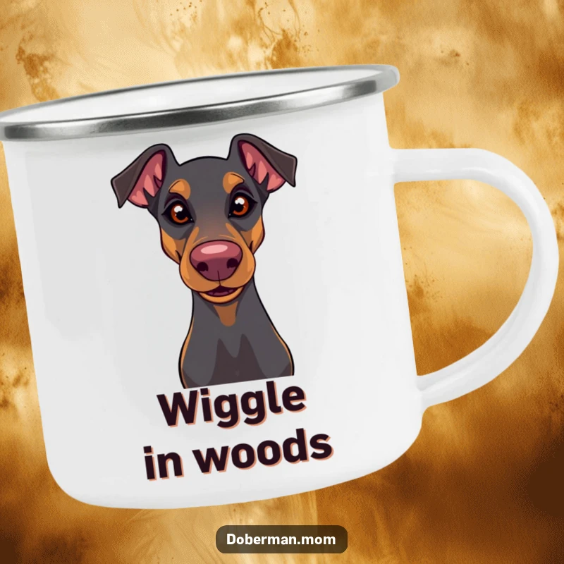 Funny Doberman camping mug showing a dog with a playful glint and wiggly nose, ideal for outdoor beverages humorously.