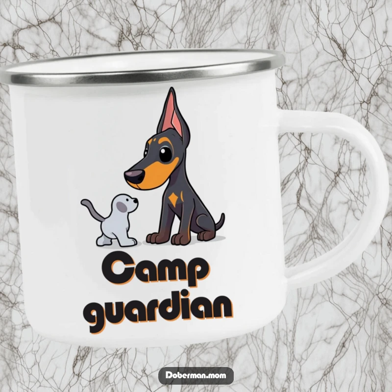 Funny Doberman camping mug showing a dog in a protective stance, guarding a toy, ideal for outdoor beverages humorously.