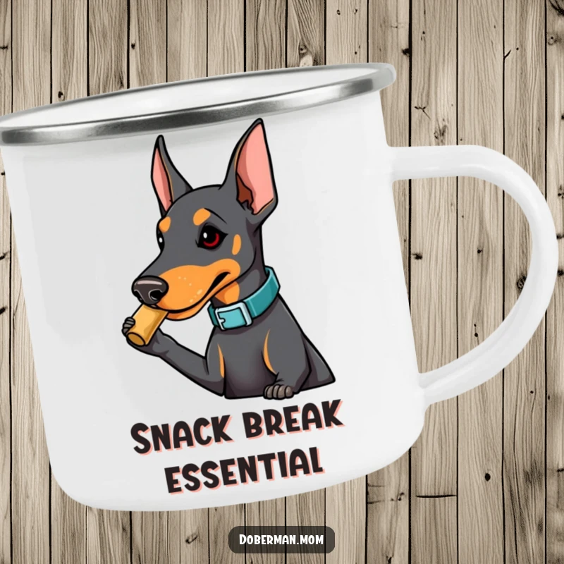 Funny Doberman camping mug featuring a dog in a fashionable collar playfully nudging a treat, perfect for enjoying drinks outdoors with humor.