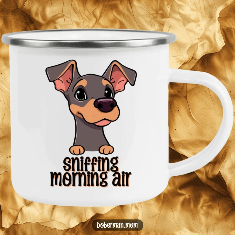 Funny Camping Mug: Doberman character with alert ears, curiously sniffing the air, ready for outdoor investigations.