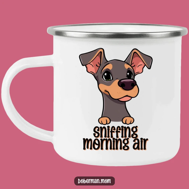 Funny Doberman Sniffing Camping Mug: Adventure with Alert Curiosity