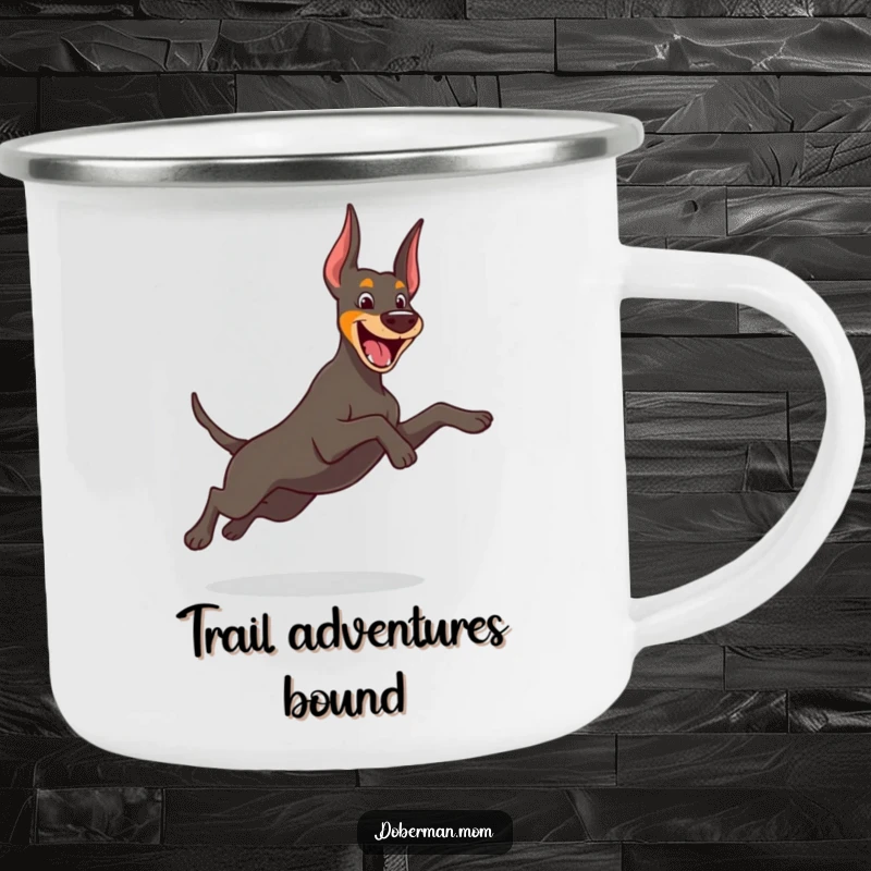Funny Doberman camping mug of a cheerful dog in a playful leap, perfect for enjoying drinks on energetic adventures.