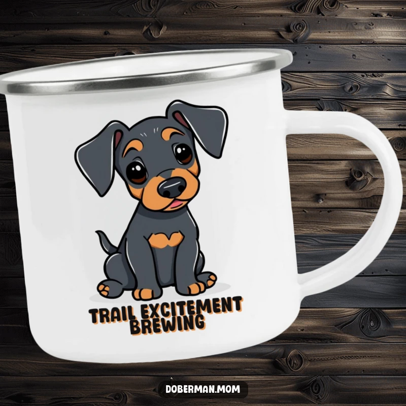Funny Doberman camping mug featuring an alert dog gently wagging its tail, perfect for enjoying drinks outdoors with subtle happy vibes.