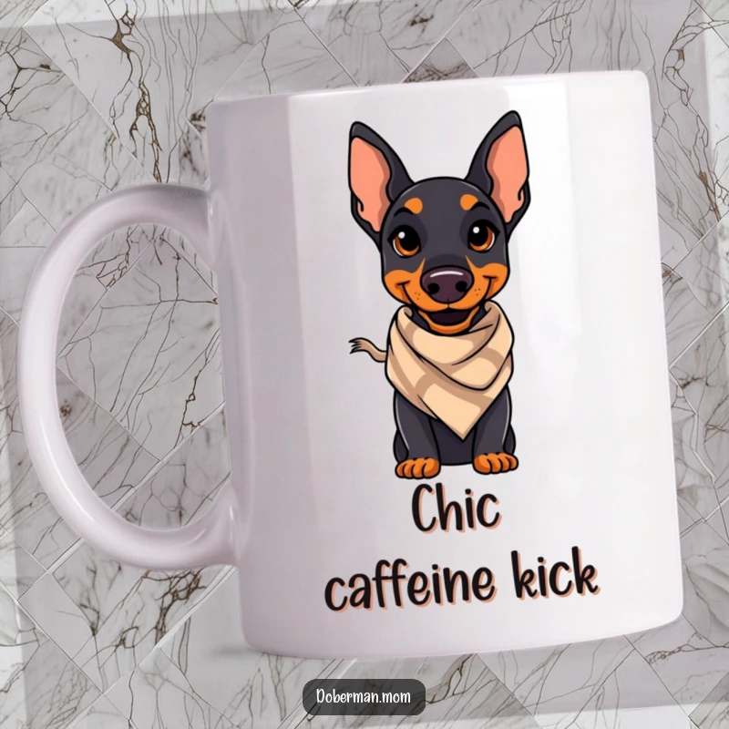 Funny Doberman mug showing a confident Doberman with a stylish smile and a small scarf, exuding dapper charm.