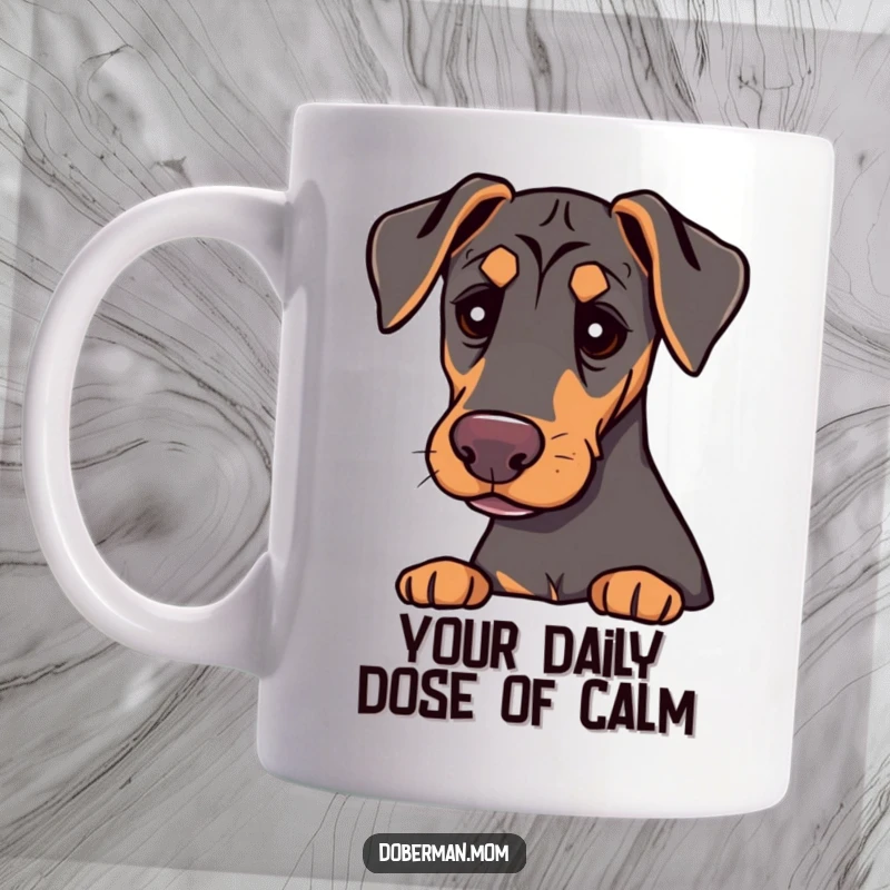 Funny Doberman with gentle eyes, exuding a comforting presence, featured on this soothing coffee mug.