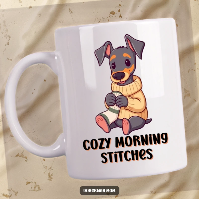 Funny Doberman wearing a cozy sweater, knitting a tiny sock, heartwarming and humorous mug design.