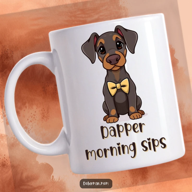 Funny Doberman standing proudly with a tiny, elegant bow tie, exuding sophistication on a coffee mug.