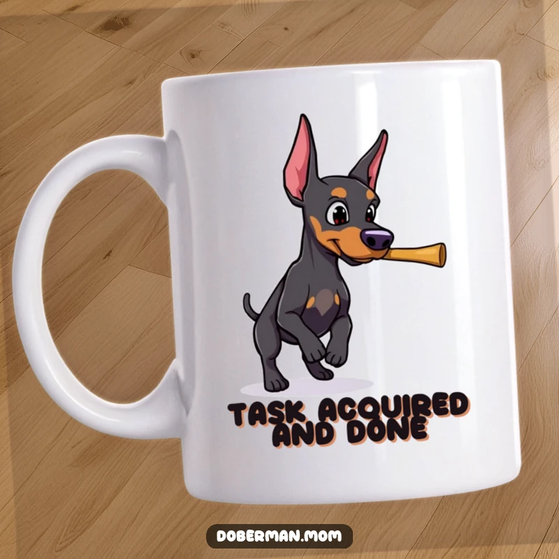 Funny Doberman with a determined gaze, focused on retrieving a thrown stick on this energizing coffee mug.