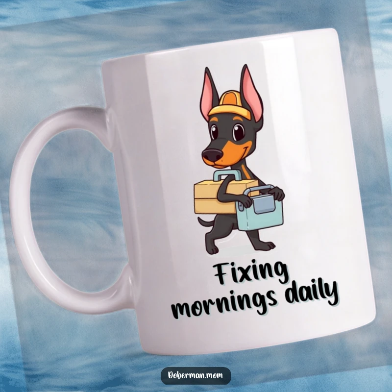 Funny Doberman toolbox mug showing a ready dog with a small toolbox, prepared for any task with canine efficiency.