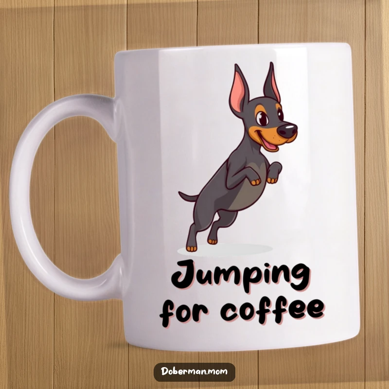 Funny Determined Doberman mug focused on practicing a tiny jump, showcasing athletic ambition and a humorous, concentrated effort. Perfect for go-getters.