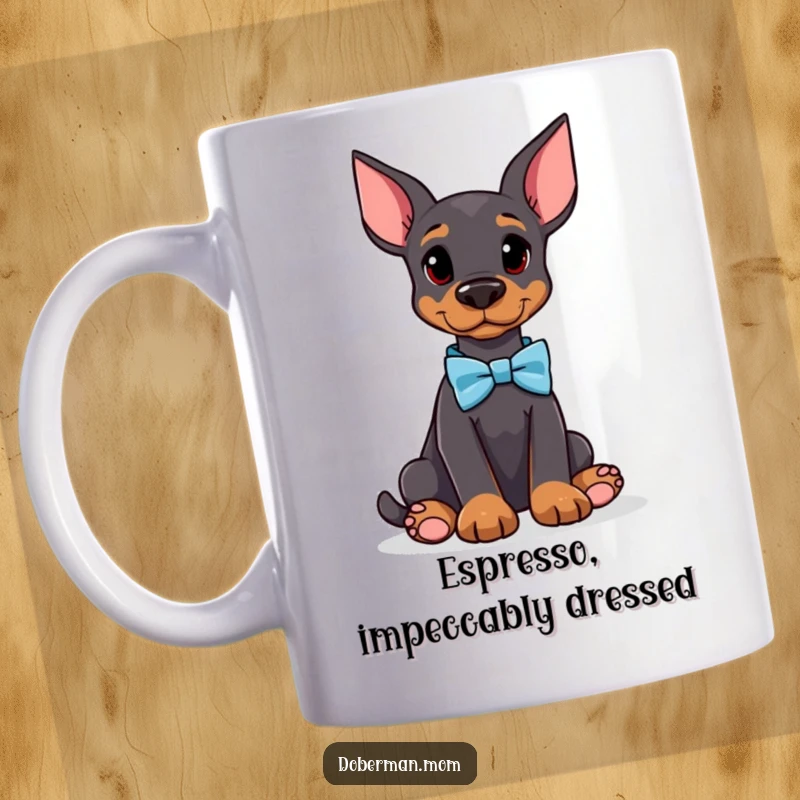 Funny Doberman mug featuring an attentive dog wearing a bow tie, exuding elegance and humor for delightful beverage enjoyment.