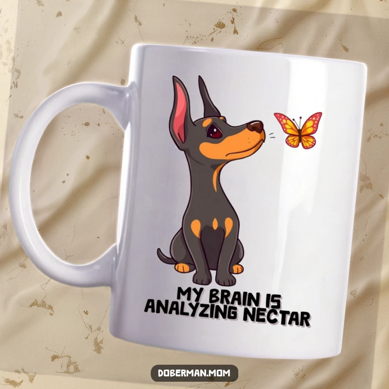 Funny Doberman mug, head tilted curiously, intently watching a delicate butterfly flutter gracefully in the air.