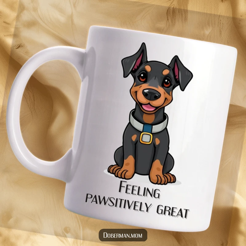 Funny Doberman wearing a polished collar, smiling serenely on a funny mug, exuding confidence.