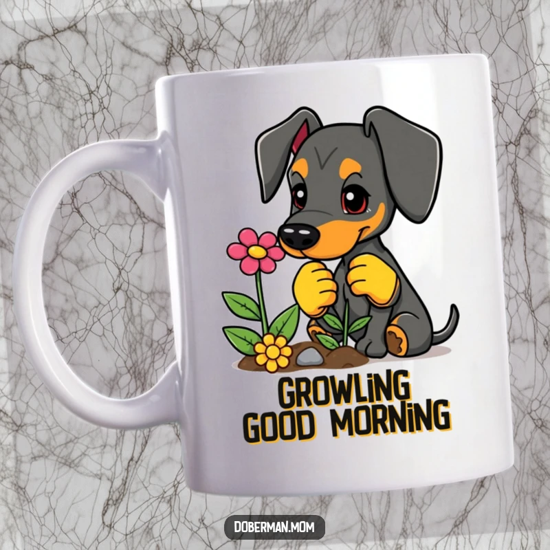 Funny Doberman mug, wearing gardening gloves, happily planting a vibrant flower, celebrating green thumbs.