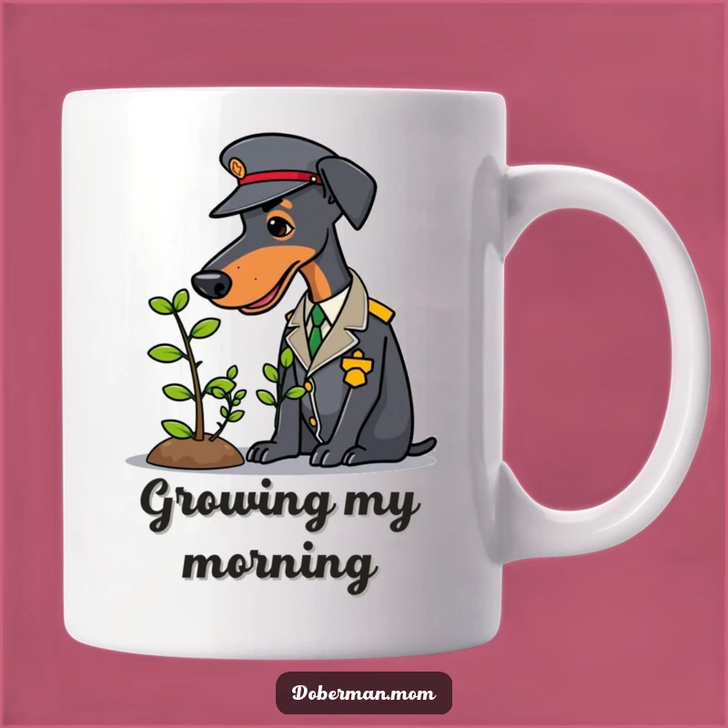 Funny Doberman Gardener Mug: Uniformed Dog Nurturing Nature, Hilarious Gift