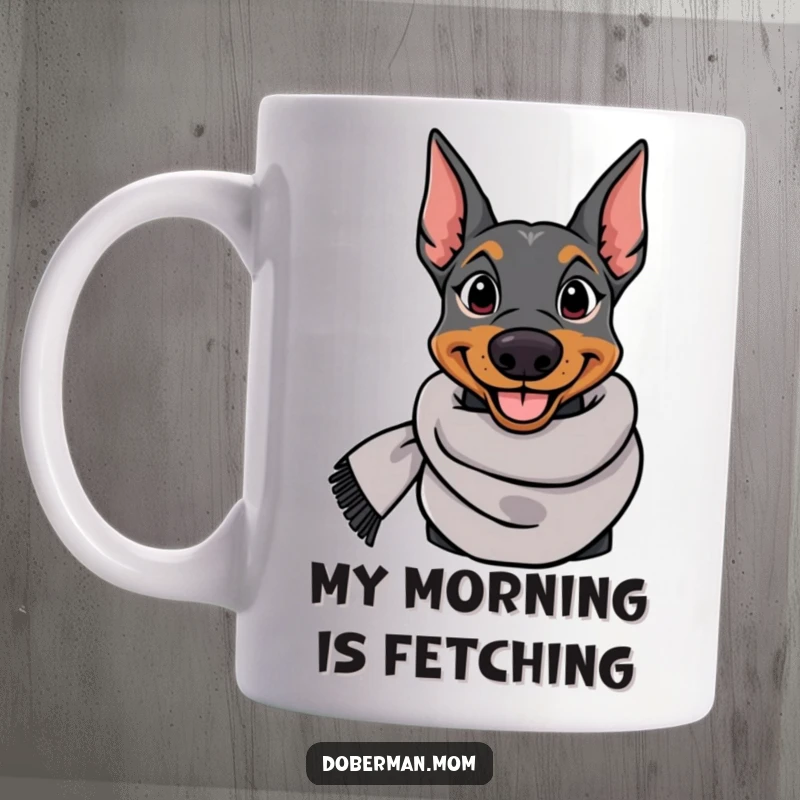 Funny Doberman mug featuring an elegant dog with a stylish scarf, exuding sophisticated charm and a cheerful smile.