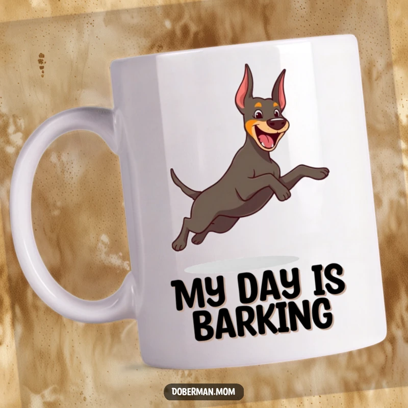 Funny Doberman mug showing a cheerful dog mid-graceful, playful leap, full of joy and energetic movement.