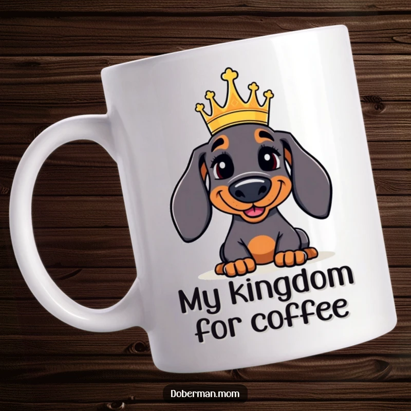 Funny Doberman Mug: A jolly, crowned Doberman looking incredibly regal and sophisticated, ready to rule your morning coffee.