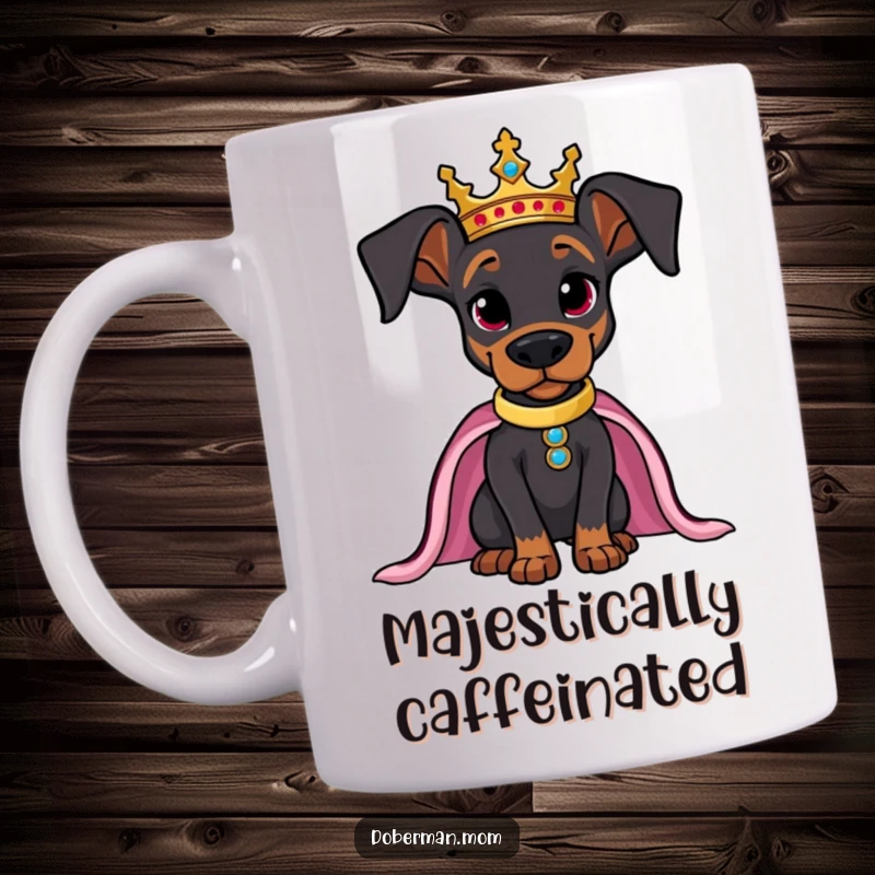 Funny Doberman mug featuring a majestic dog wearing a regal crown, posing with supreme confidence.