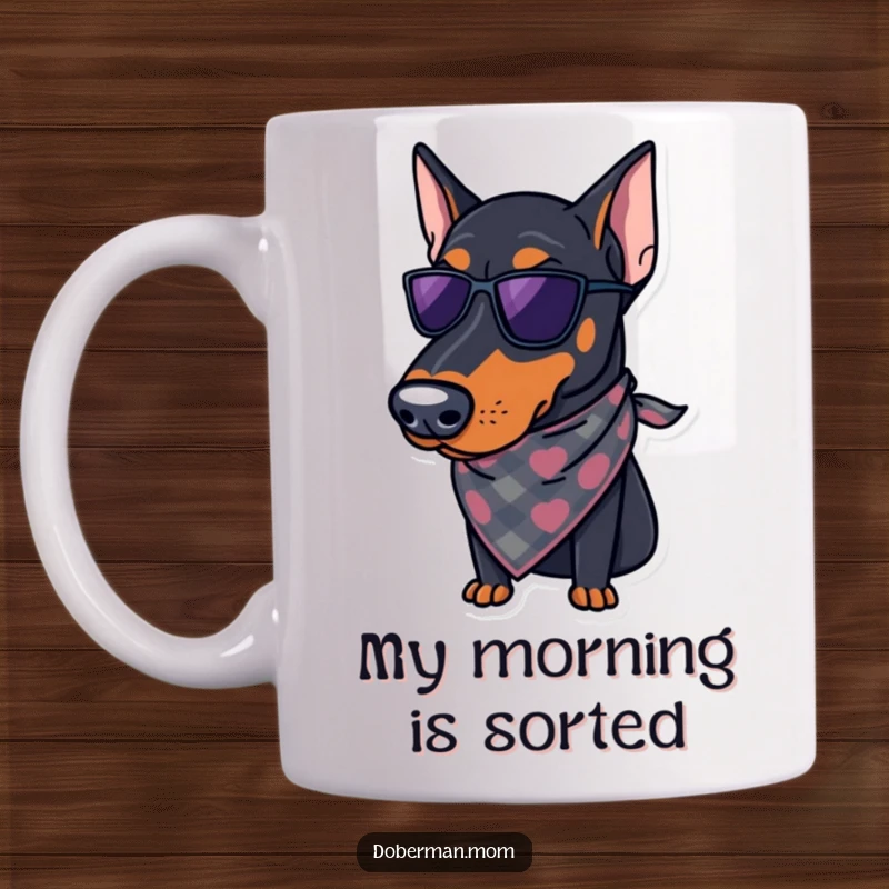 Funny Doberman Mug featuring a regal Doberman wearing a stylish bandana, exuding sophisticated charm and canine elegance.