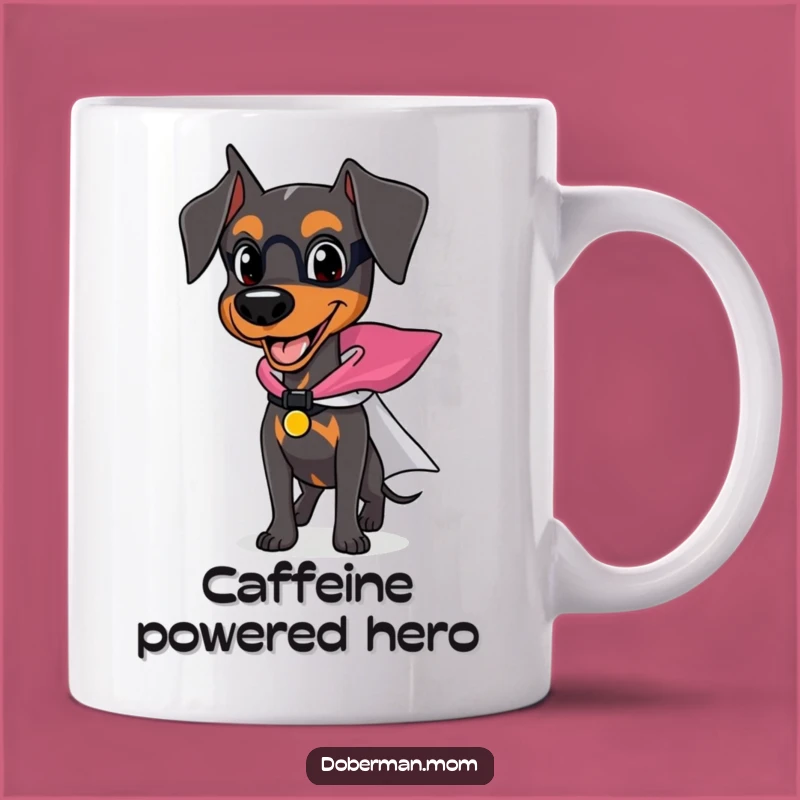 Funny Superhero Doberman Mug: Happy Dog in Cape for Heroic Gift
