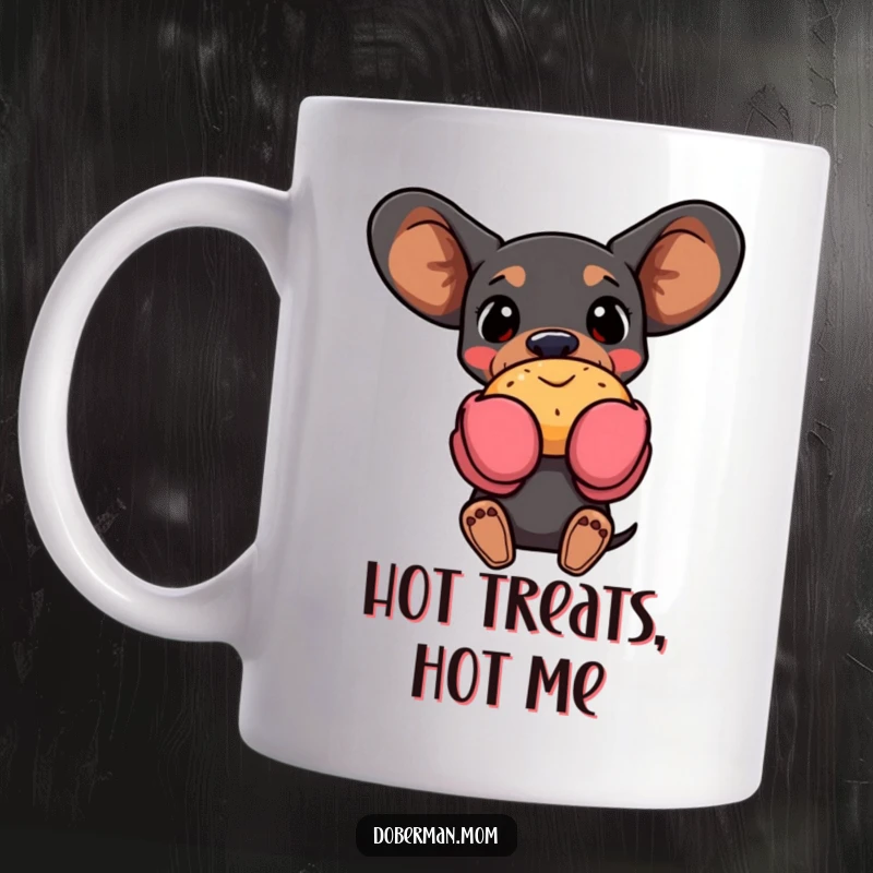 Funny Doberman dog wearing oven mitts, proudly holding a warm, golden pastry on a coffee mug, kitchen humor delight.