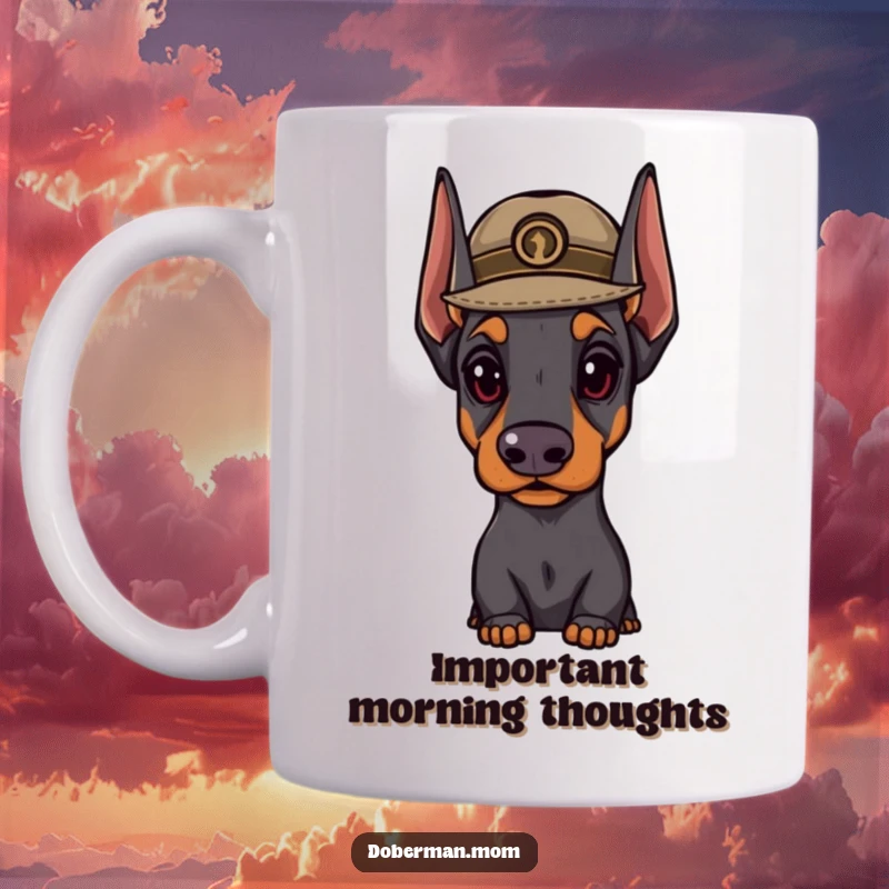 Funny Doberman hat mug featuring a distinguished dog wearing a small, important-looking hat, exuding an air of sophistication.