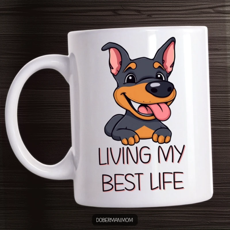 Funny Doberman mug featuring a dog with a huge happy grin, panting contentedly, radiating pure joy.
