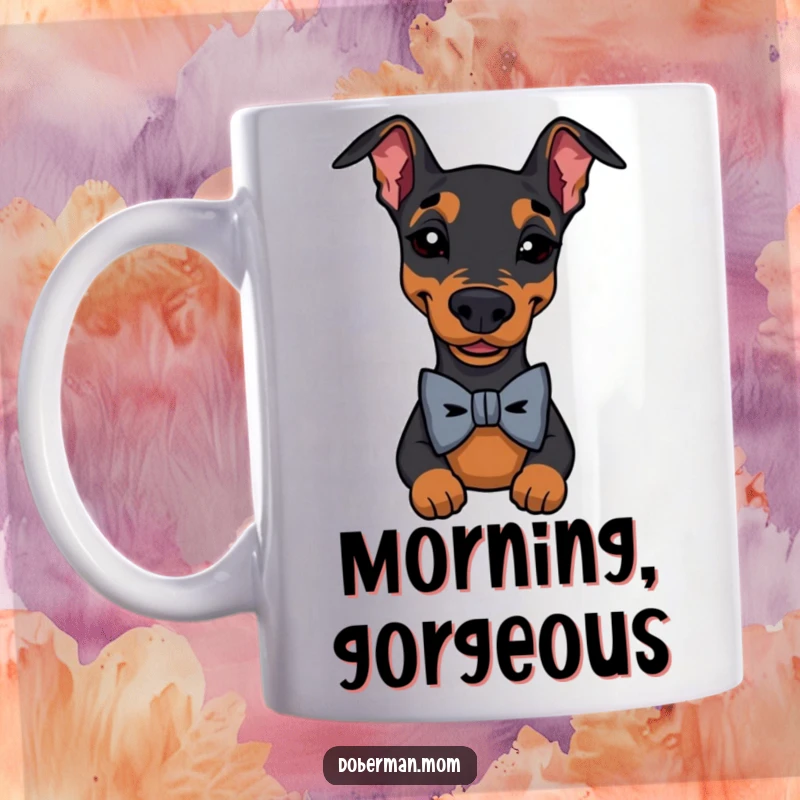 Funny Doberman Bow Tie Wink Mug featuring a dapper dog in a bowtie giving a playful wink, ideal for coffee lovers.