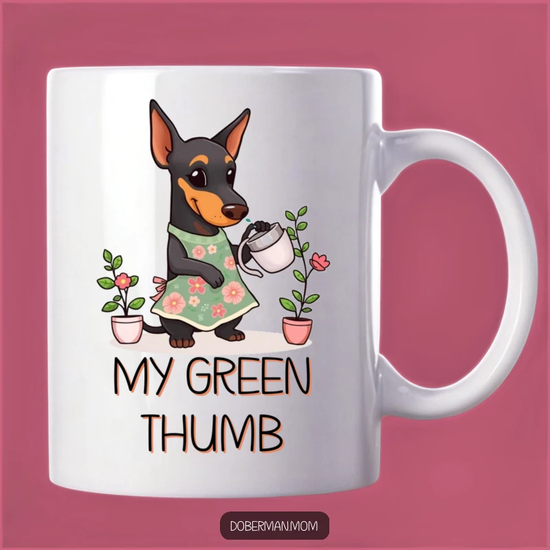 Funny Doberman Gardener Mug: Adorable Floral Apron Pup - A Perfect Funny Gift!