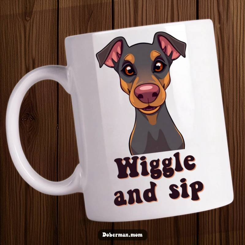 Funny Doberman mug with a playful glint in its eye and a wiggly nose, capturing pure canine mischief and fun.