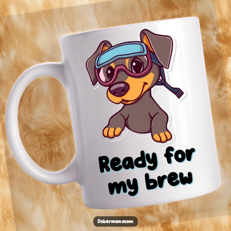 Funny Sports Doberman Mug: A Doberman wearing tiny sports goggles, looking geared up and ready for action.