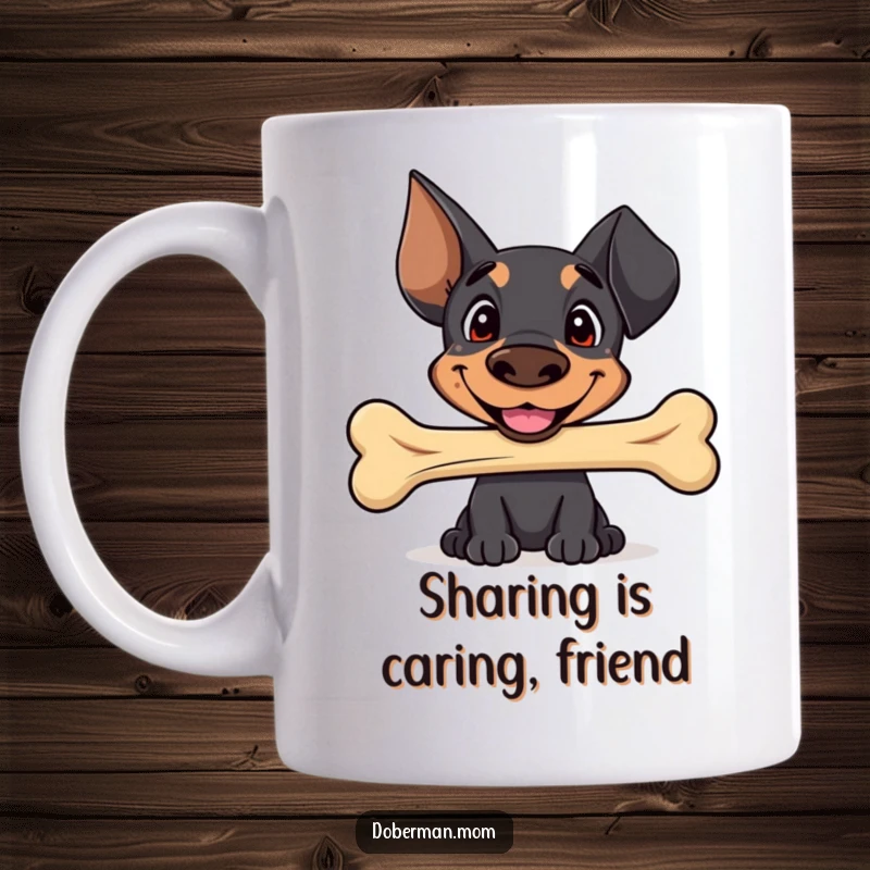 Funny Sweet Doberman mug with a happy smile, offering a well-worn bone as a gesture of friendship and adorable doggy generosity.