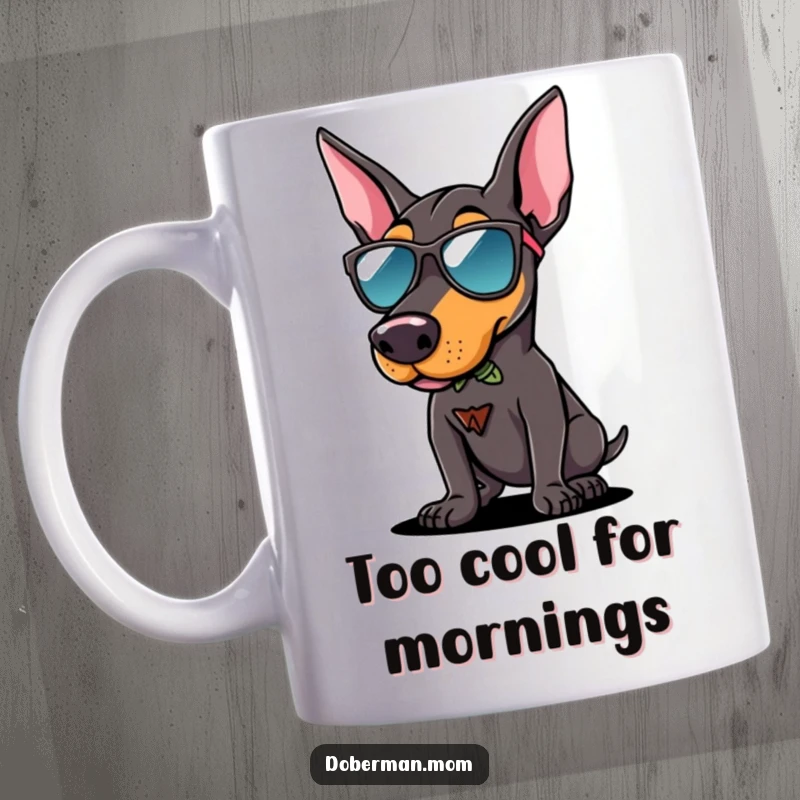 Funny Doberman sunglasses mug featuring a cool dog in shades striking a confident and stylish pose, exuding pure awesomeness.