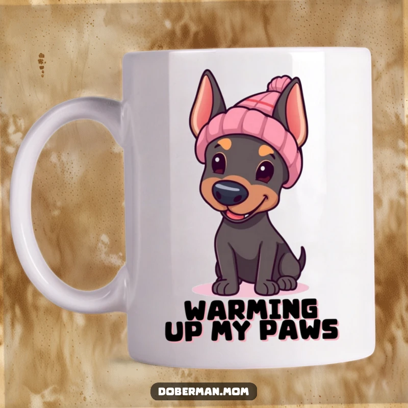 Funny Doberman mug, Doberman wearing a red knitted hat, waving cheerfully with a paw, cute and friendly.