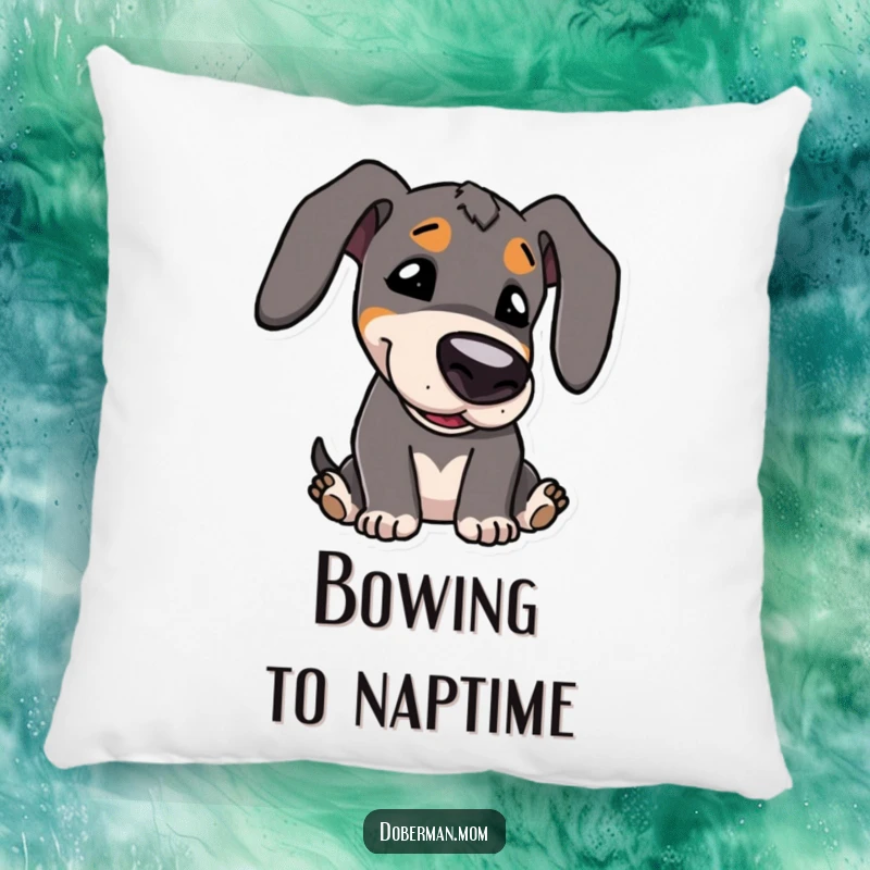 Funny Pillow: Kawaii Doberman character with cute features, playfully bowing its head, offering adorable comfort.