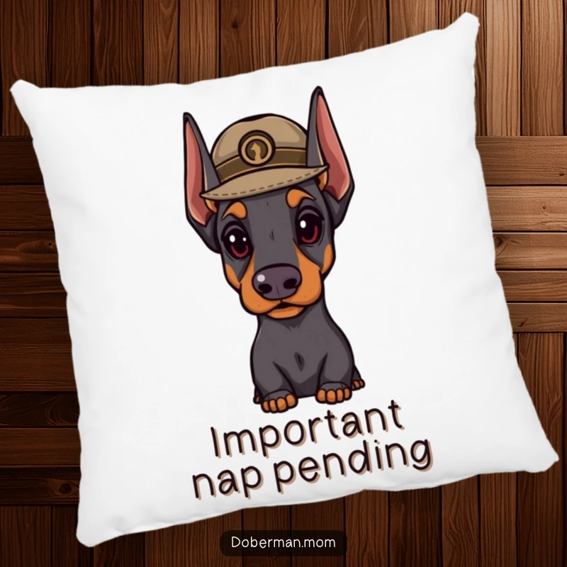 Funny Doberman hat pillow featuring a distinguished dog in a small hat looking important, soft and stylish home accent.