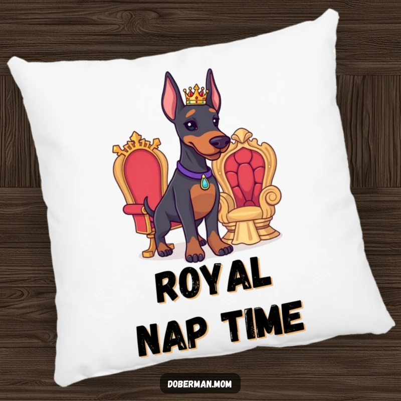Funny Doberman pillow showing a proud Doberman with a tiny crown and miniature throne, perfect for adding a regal touch.