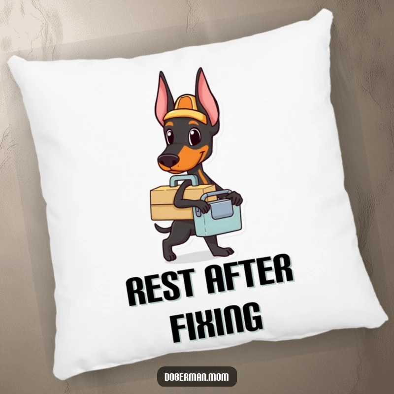 Funny Doberman toolbox pillow featuring a dog carrying a small toolbox, ready for a task, soft and functional home accent.