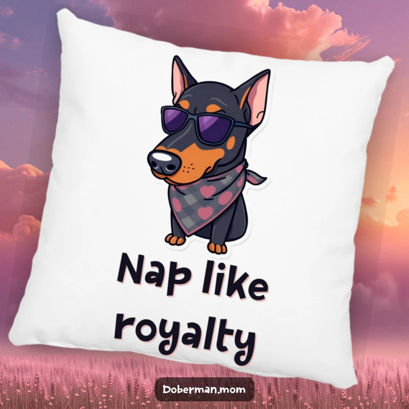 Funny Doberman Pillow: A plush pillow featuring a regal Doberman in a stylish bandana, offering comfort and humorous elegance.