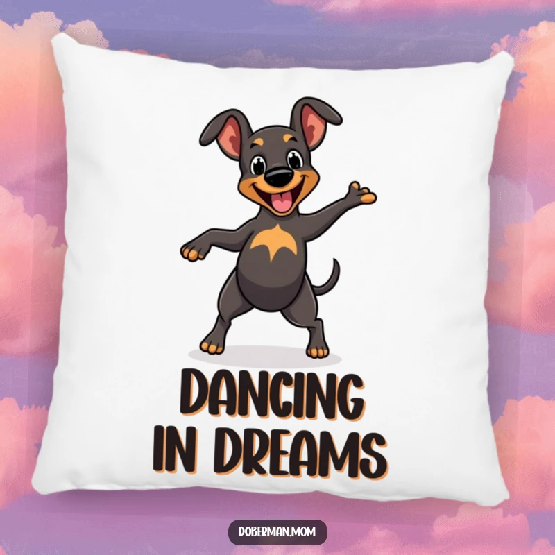 Funny Pillow: Cheerful Doberman character doing a happy dance with a wagging tail, bringing cozy smiles.