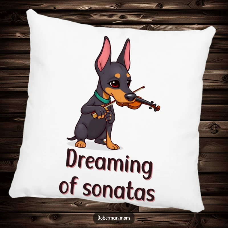 Funny Doberman focused on playing a very small violin, featured on a soft and funny pillow.