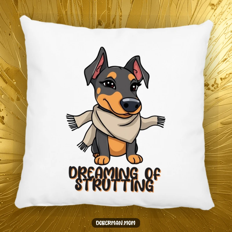 Funny Doberman wearing a stylish scarf winks charmingly, a soft and humorous pillow.