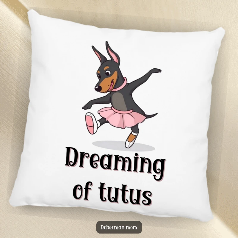 Funny Doberman dog in ballet slippers, attempting a graceful pose on a soft pillow, bringing dance humor to decor.
