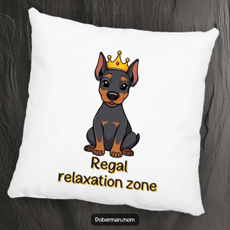 Funny Doberman dog wearing a tiny crown, sitting attentively on a soft pillow, bringing royal humor to decor.
