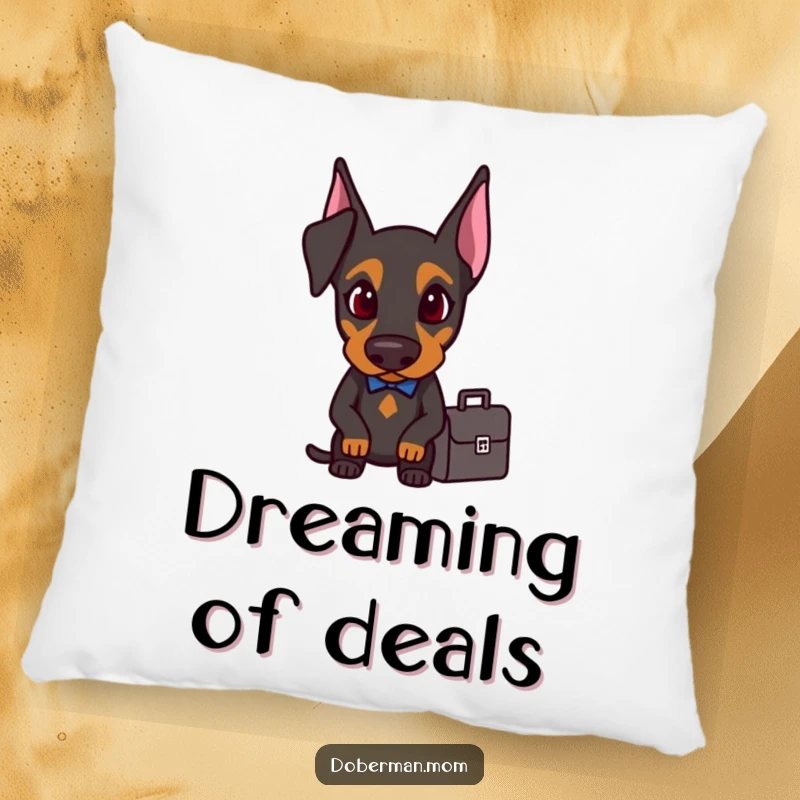 Determined Doberman with a small briefcase, featured on a soft and funny pillow.